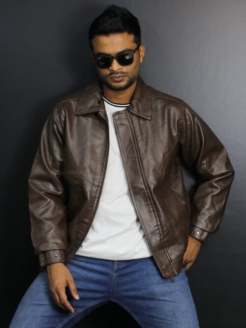 Imported Leather Sherpa Jacket With Collar