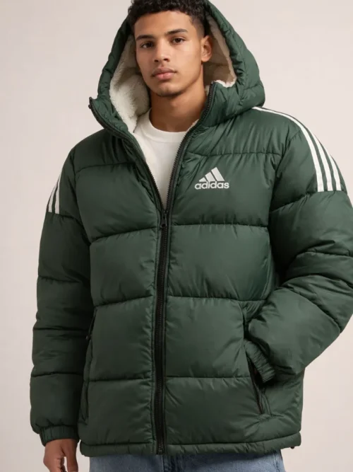 A man wearing a premium Adidas forest green padded puffer jacket with a white sherpa-lined hood and classic 3-stripe sleeve accents in a lifestyle studio shot.