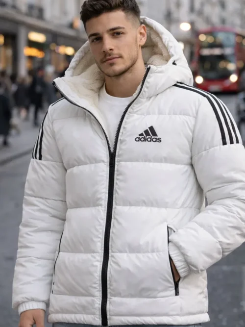 A man wearing a premium Adidas white hooded puffer jacket with black iconic three stripes on the shoulders, featuring a soft white sherpa-lined hood and quilted padding for winter warmth.