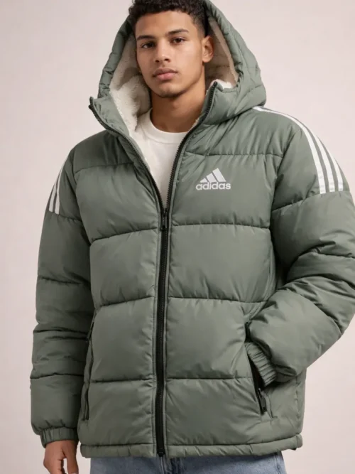 A man wearing a premium Adidas sage green hooded puffer jacket with white 3-stripes on the sleeves, featuring a cream sherpa fleece lining in the hood and a white logo on the chest.