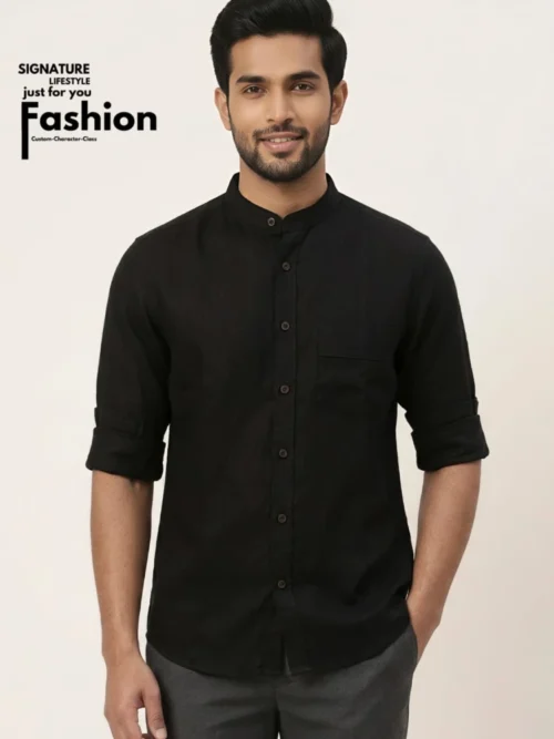 zara-band-collar-remi-cotton-shirt-black-price-in-bangladesh-Black