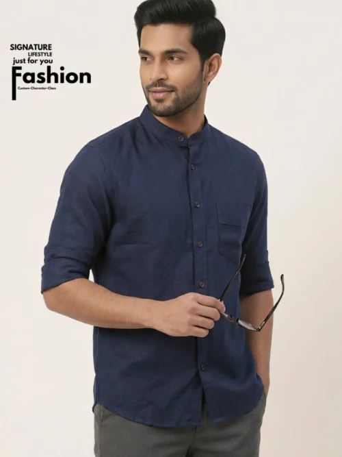 ZARA Band Collar Remi Cotton Shirt- Navy Blue