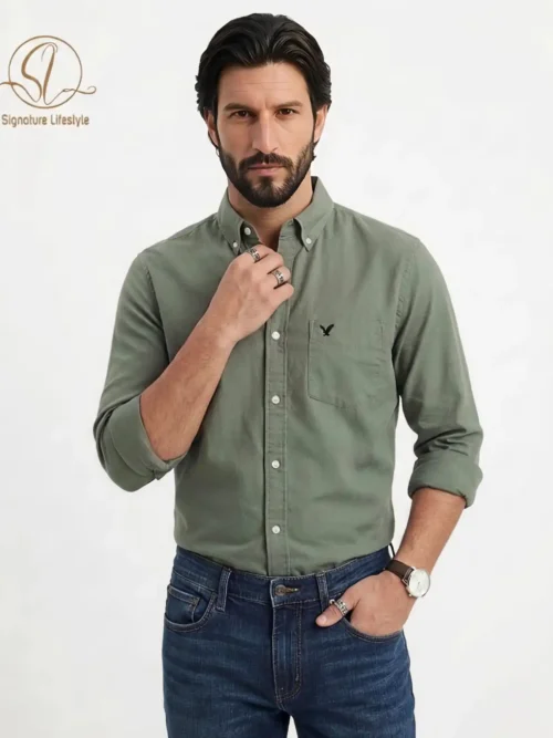 American Eagle Oxford Cotton Shirt - Olive