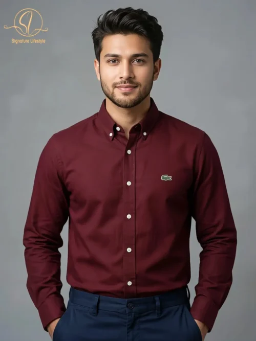 LACOSTE Oxford Cotton Formal Shirt- Maroon