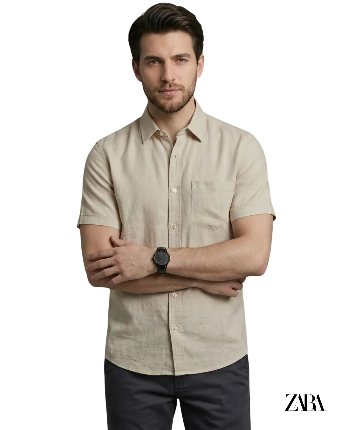 ZARA Half Sleeve Remi Cotton Shirt Beige_optimized