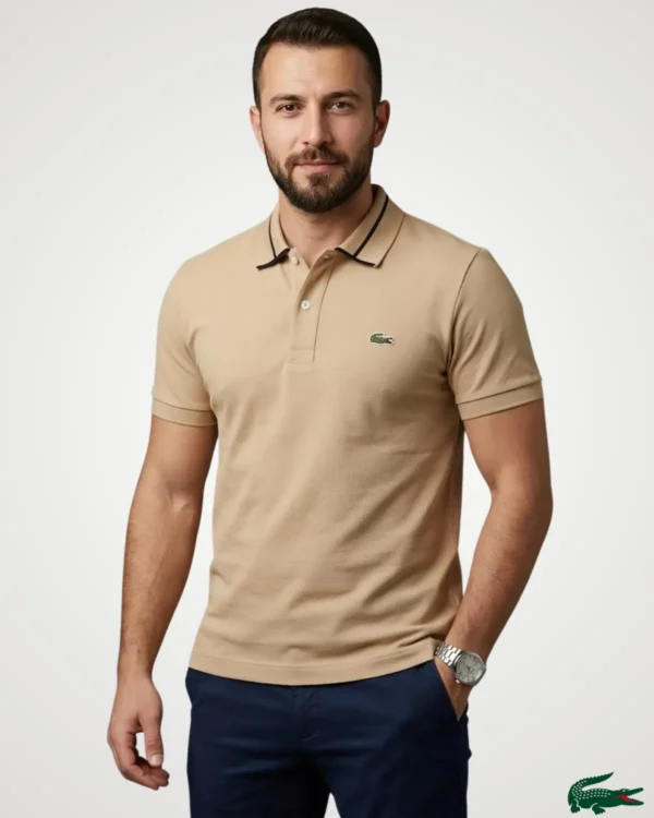Men's light tan beige polo shirt styled with dark contrast collar tipping and chest logo embroidery by Signature Lifestyle