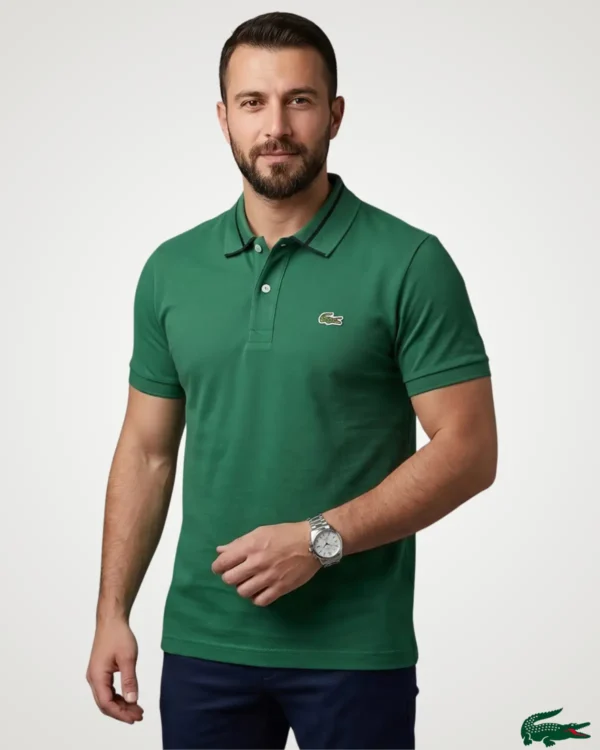 Men's emerald green short-sleeve polo shirt featuring dark tipped collar accents by Signature Lifestyle