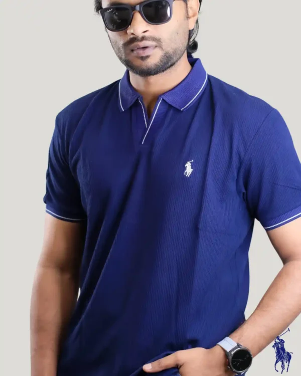 luxury polo shirt for men with white embroidered logo full solid color blue