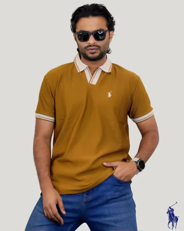 Brown Mustard yellow luxury polo shirt for men with white trim collar
