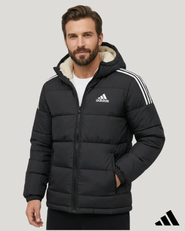 Men's heavy winter black sherpa lined puffer jacket featuring a cozy white fleece-lined hood, white shoulder stripes, and full front zipper.