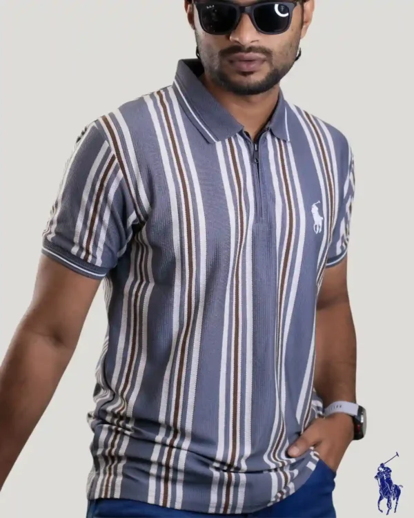 Slate blue striped old money zip polo shirt for men