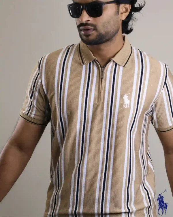 Beige khaki vertical striped old money quarter zip polo shirt for men