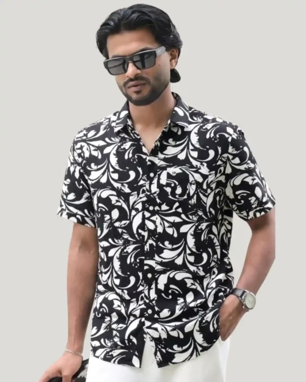 Pure Organic Cotton Printed Half Sleeve Shirt Black And Cream Color