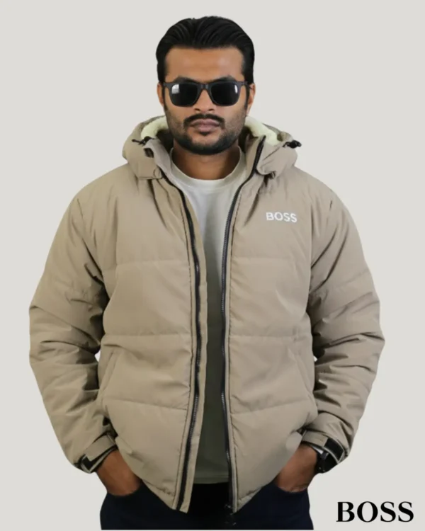 Sherpa Lined Hoodie Winter Jacket for Men in Beige Color