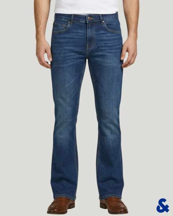 Men wearing deep dark blue wash bootcut denim pant with subtle fading, styled with brown dress shoes.