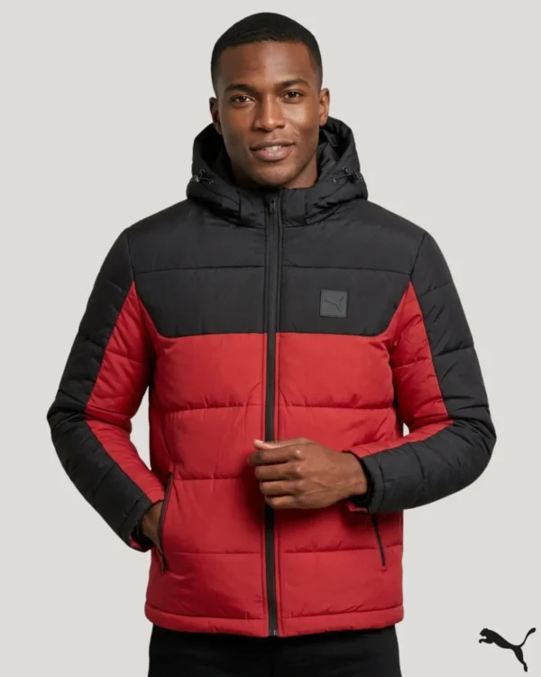 Men's red and black hooded puffer jacket front view featuring bold color block design, drawstring hood, and zippered side pockets