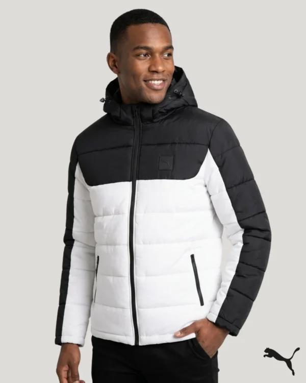 hooded puffer jacket for Men's black and white color, front view featuring white body, black sleeves, and cozy winter padding