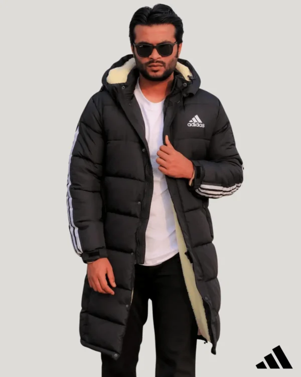 Man wearing black long sherpa fleece jacket with inside sherpa cream hood lining, stylish full-length winter coat for men in Bangladesh