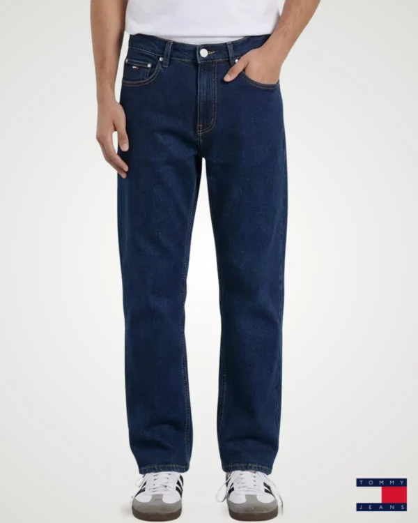 Men's dark indigo blue straight-fit denim jeans featuring a zip fly with button closure by Signature Lifestyle