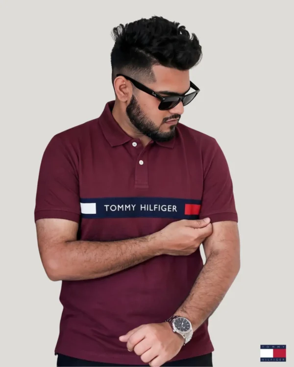 Maroon red muscle fit polo shirt for men with branded chest stripe