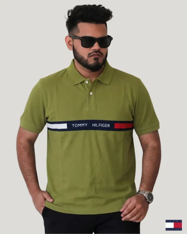 Olive green muscle fit polo shirt for men with Tommy Hilfiger chest stripe