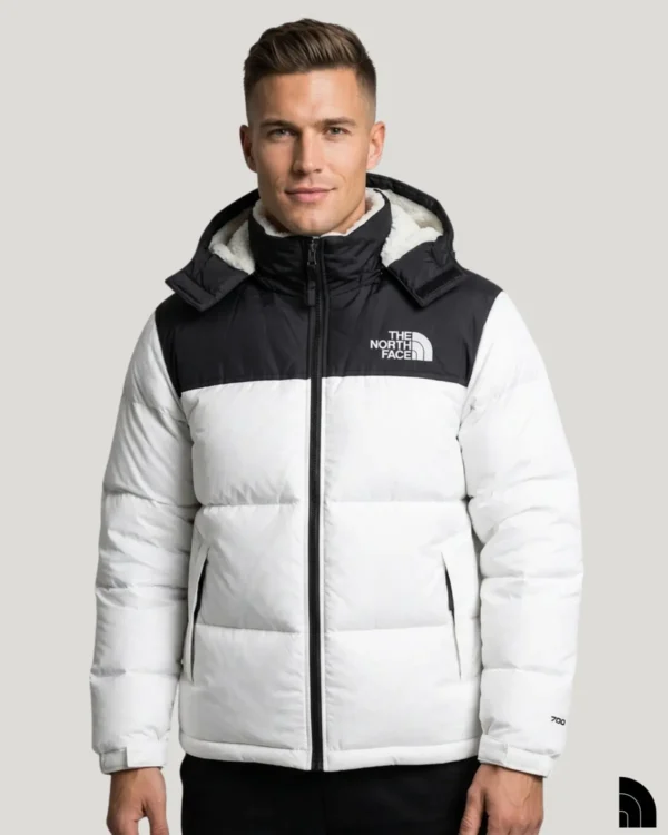 A male model wearing a white puffer jacket with a black shoulder panel and fleece-lined high collar.