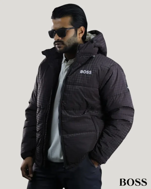 Men's chocolate brown premium sherpa jacket with a subtle grid pattern texture