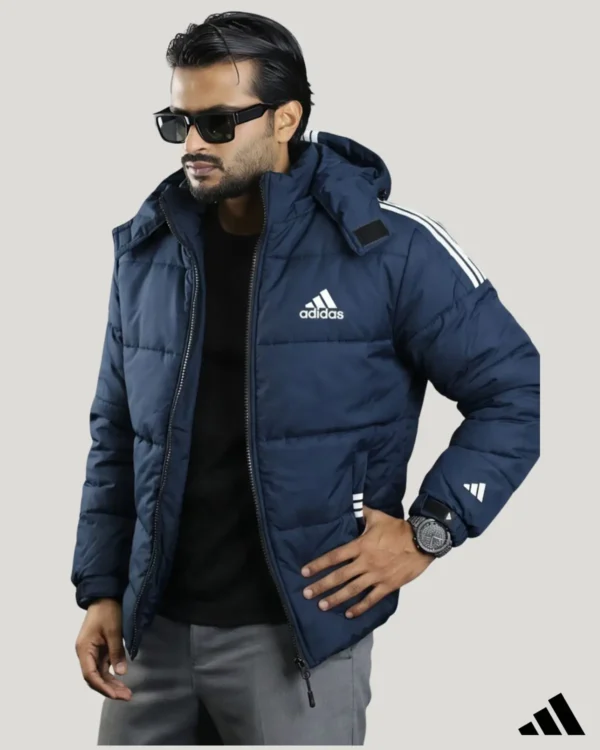 Navy blue waterproof jacket with hood on a male model, trendy and durable rain jacket for youth in BD