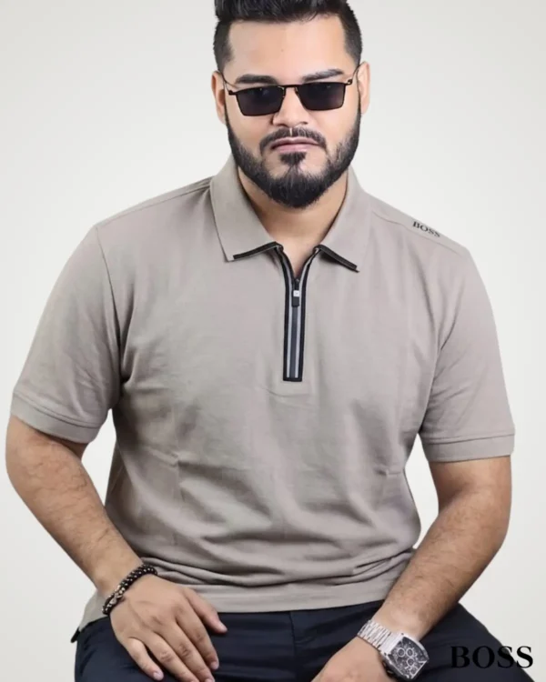 Light grey 240 GSM cotton blend quarter-zip polo shirt for men with contrast trim collar details.