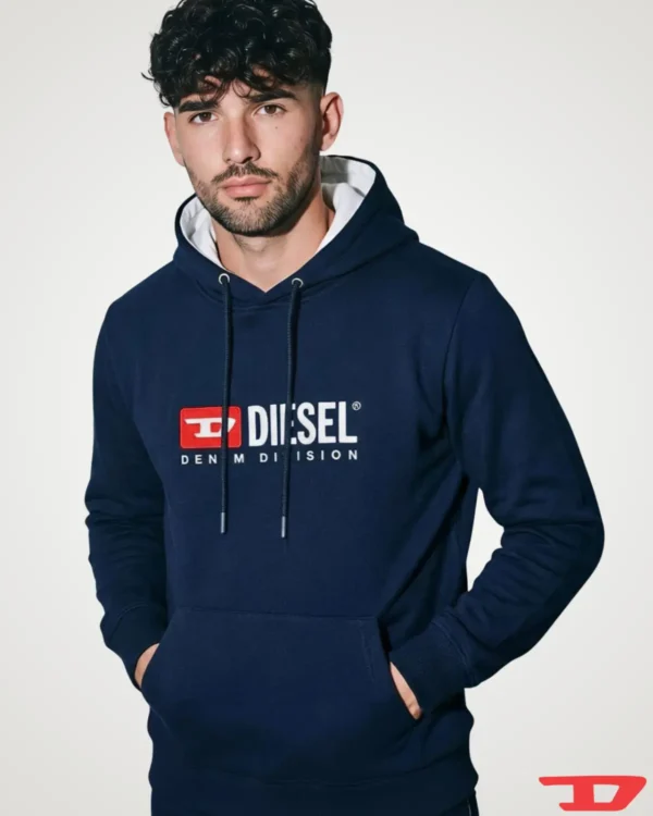 340 GSM hoodie for men in navy blue featuring drawstring hood and chest graphic print