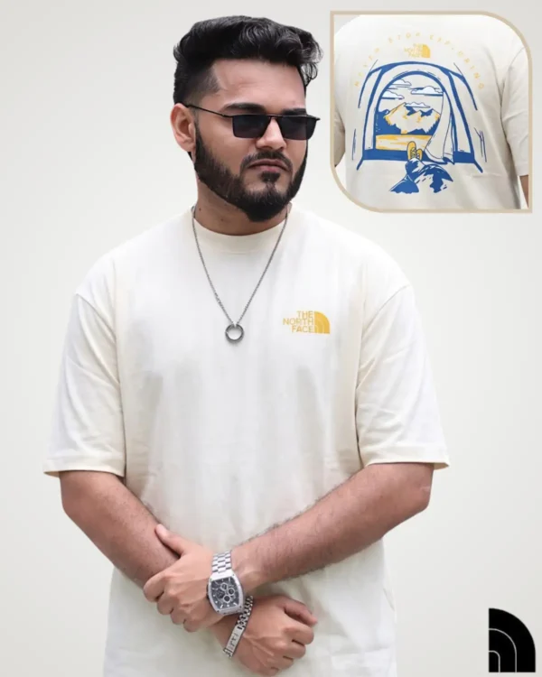 Cream graphic oversized t-shirt for men with tent-view mountain print – Signature Lifestyle BD