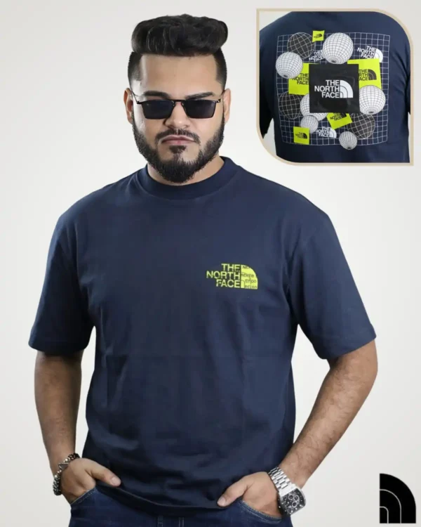 Navy men's drop shoulder t-shirt with lime chest logo and globe grid back print by Signature Lifestyle Bangladesh