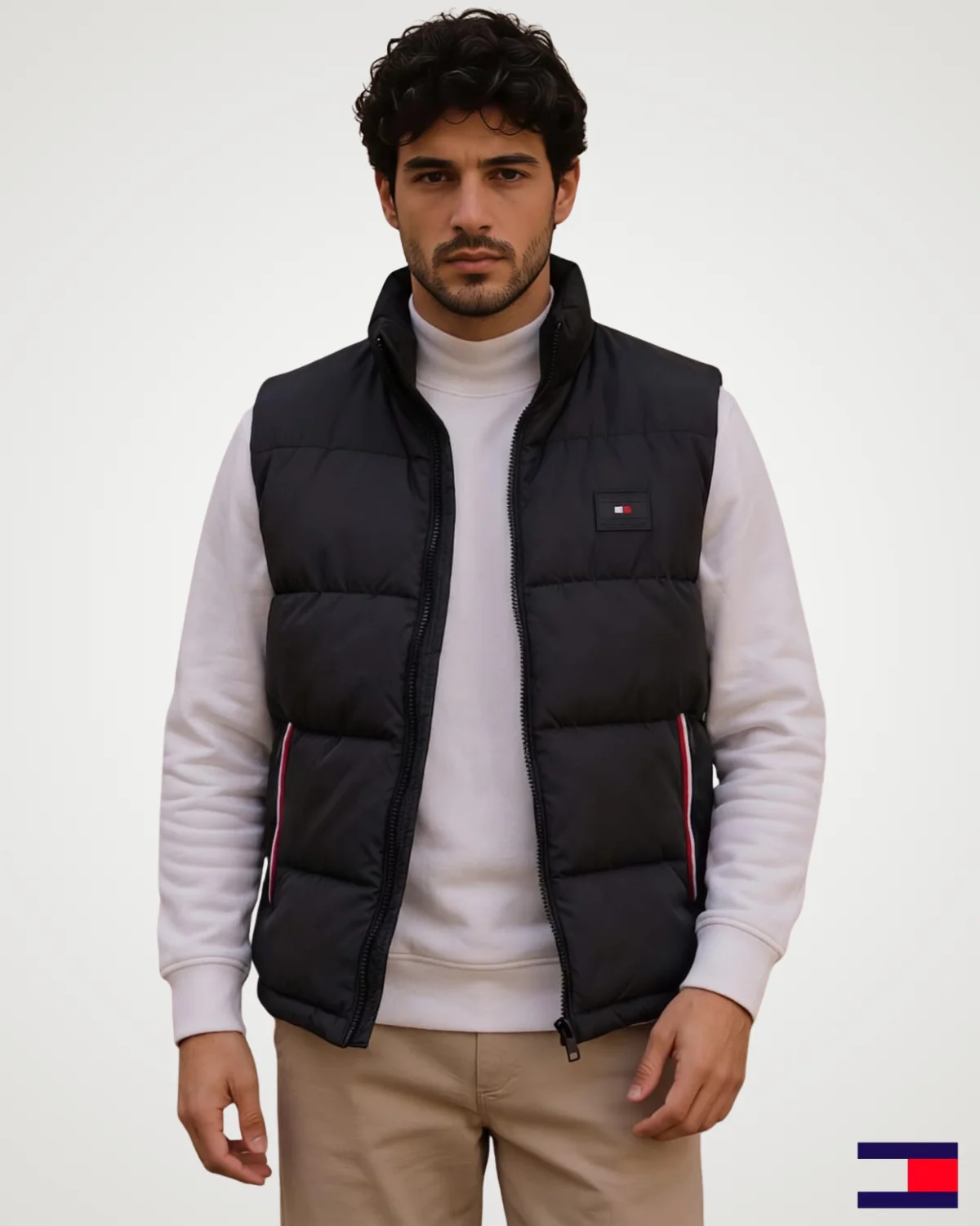 Front view of a model wearing a black men's puffer vest jacket with a stand collar, horizontal quilting, full zip front closure, and striped side pocket trims over a white sweatshirt.