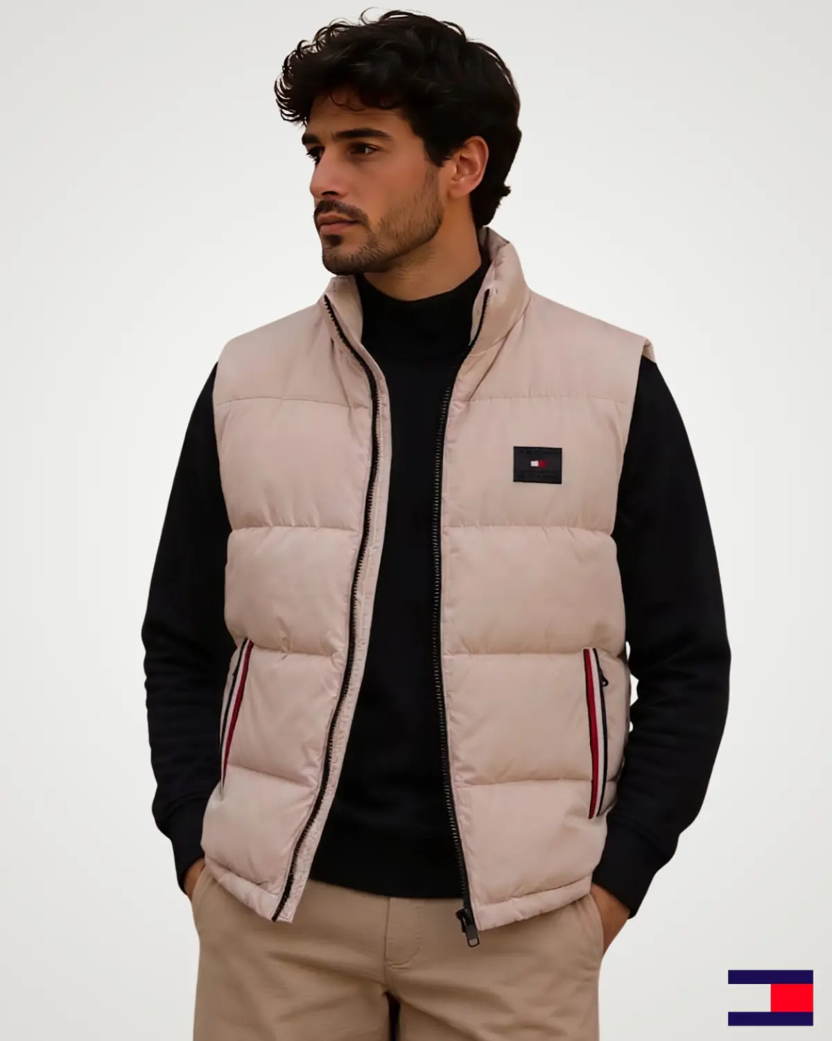 Model wearing a light beige-pink men's puffer vest jacket with a stand-up collar, black front zipper, horizontal quilting, and side zippered pockets over a dark inner top.