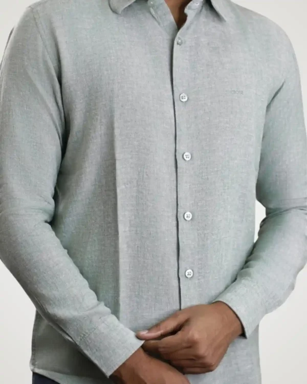 A model dressed in a light mint green men's rayon cotton shirt, showcasing a subtle heather texture, matching front buttons, and classic regular fit construction.