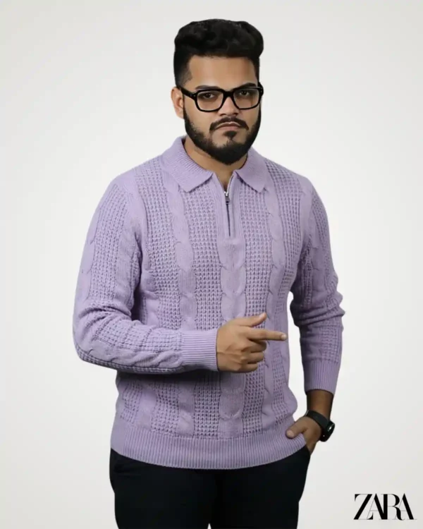 Men's lavender old money cable knit half zip sweater with ribbed polo collar – Signature Lifestyle Bangladesh