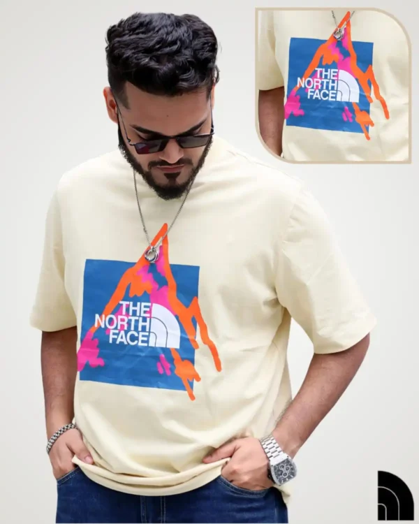 Cream photo print oversized t-shirt for men with abstract mountain graphic – Signature Lifestyle BD