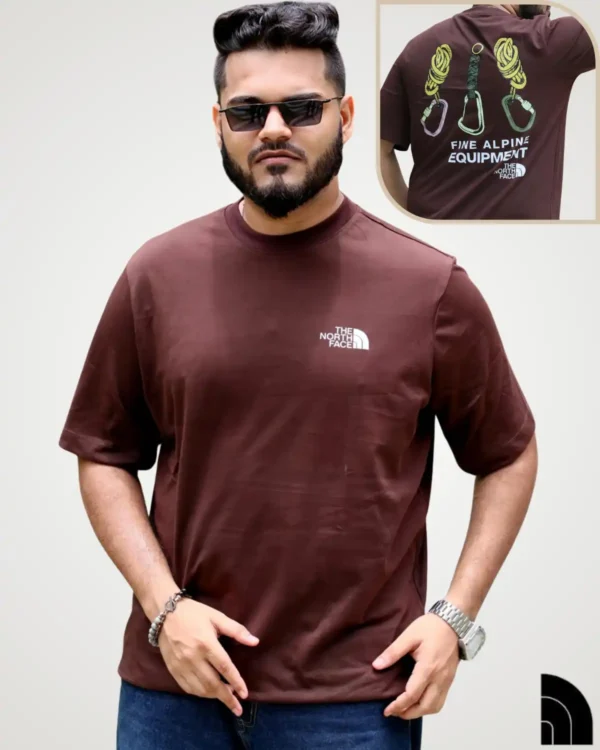 Men's brown graphic t-shirt with climbing carabiner and rope back print, crew neck outdoor casual tee