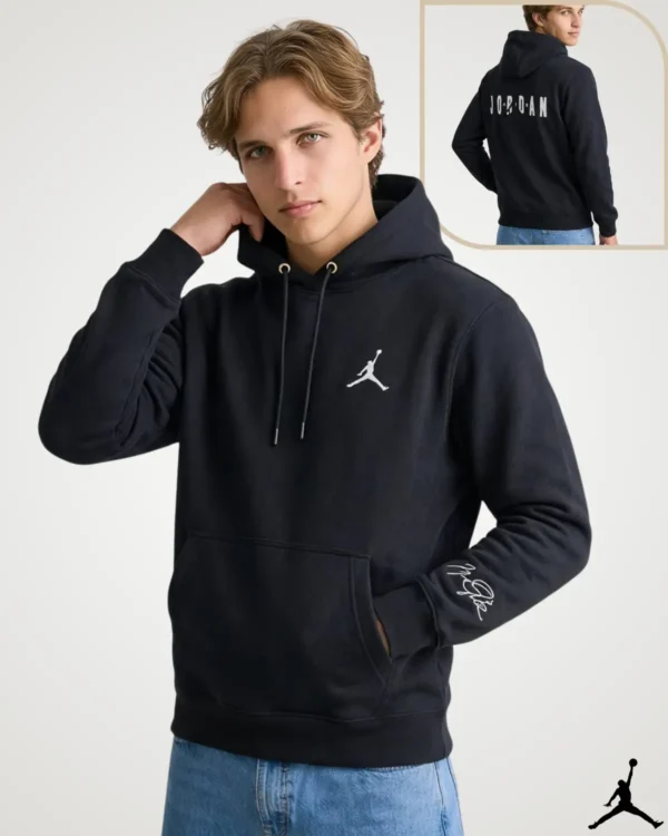 Men's black fleece pullover hoodie featuring front jump silhouette logo, pouch pocket, and sleeve graphic design