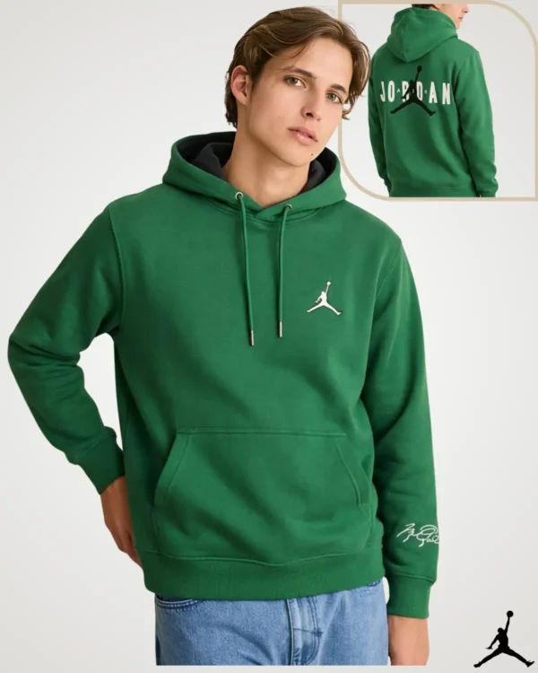 Sportswear Hoodie for Men forest green pullover featuring drawstring hood, front pouch pocket, and sleeve embroidery