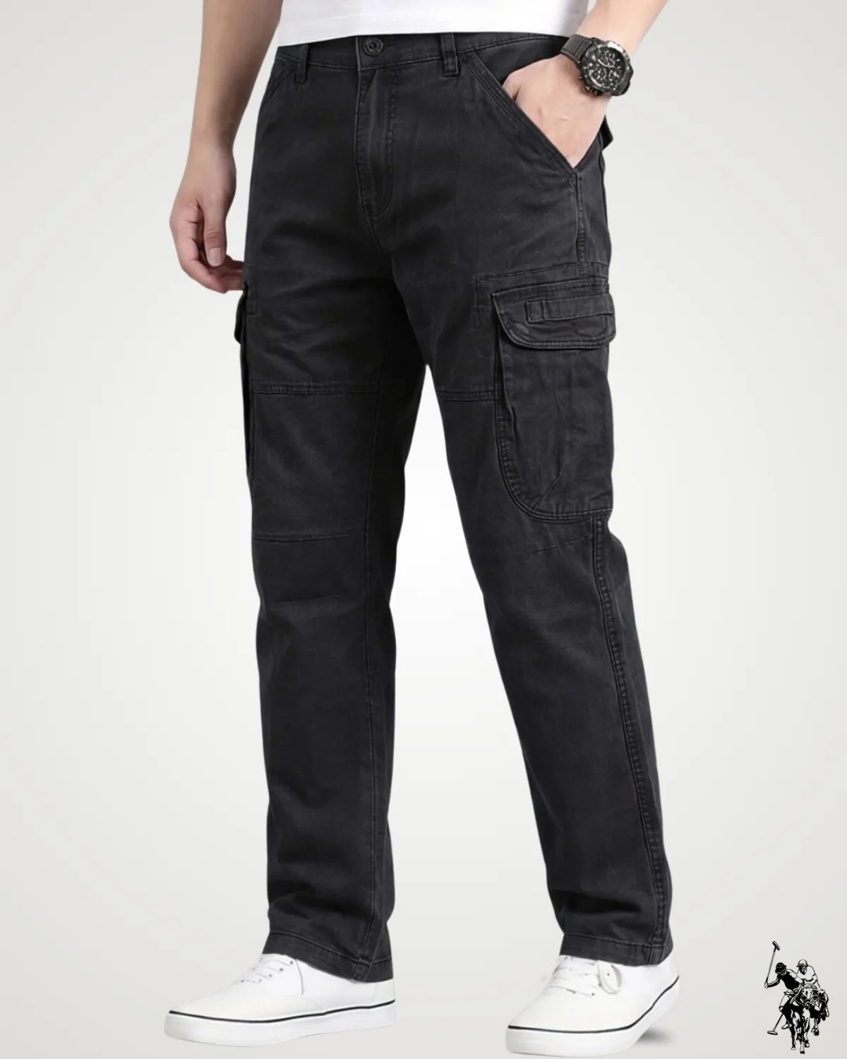 A model wearing black streetwear six pocket cargo pants paired with white sneakers, showing flap cargo side pockets, durable cotton fabric, and a straight-leg cut.