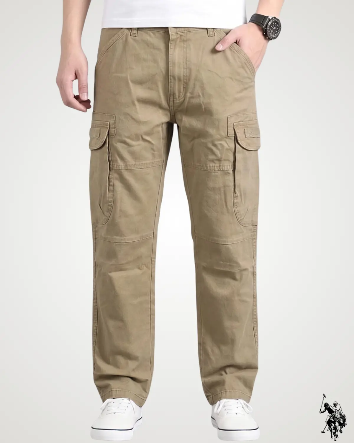 Front view of a model wearing khaki brown streetwear six pocket cargo pants with side utility flap pockets, waistband belt loops, and a comfortable regular fit