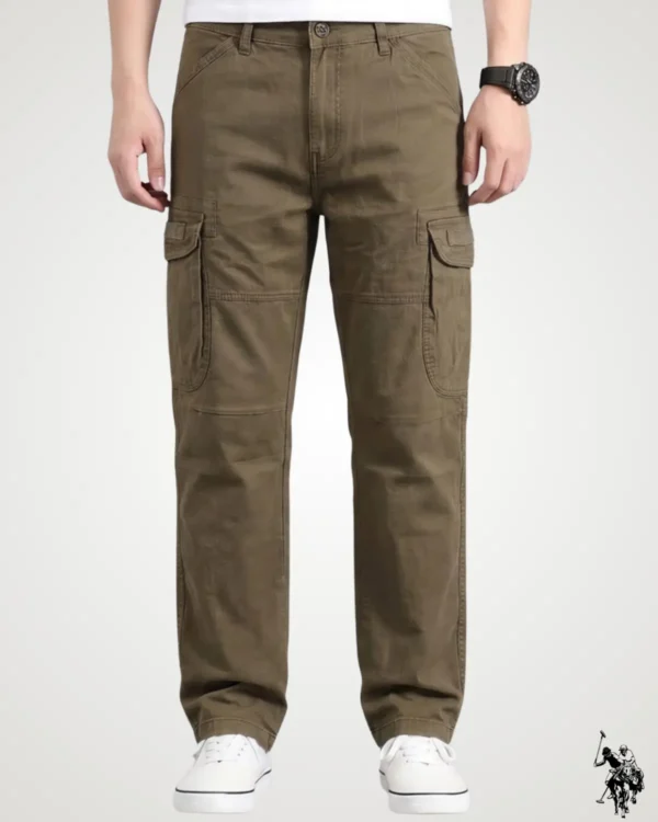 odel showcasing deep brown streetwear six pocket cargo pants, featuring side thigh cargo pockets with flap closures, a button waist, and knee seam stitching.