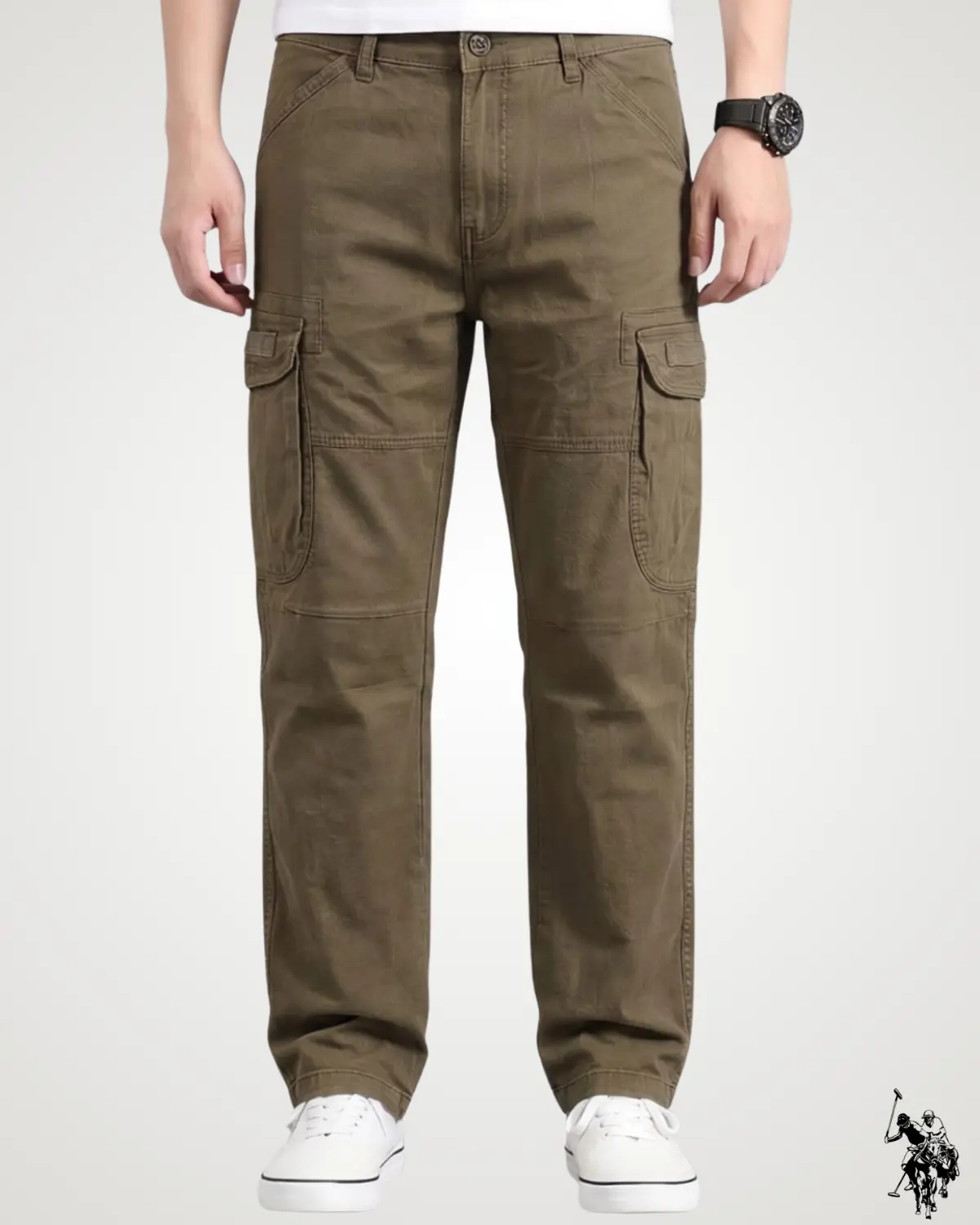 odel showcasing deep brown streetwear six pocket cargo pants, featuring side thigh cargo pockets with flap closures, a button waist, and knee seam stitching.