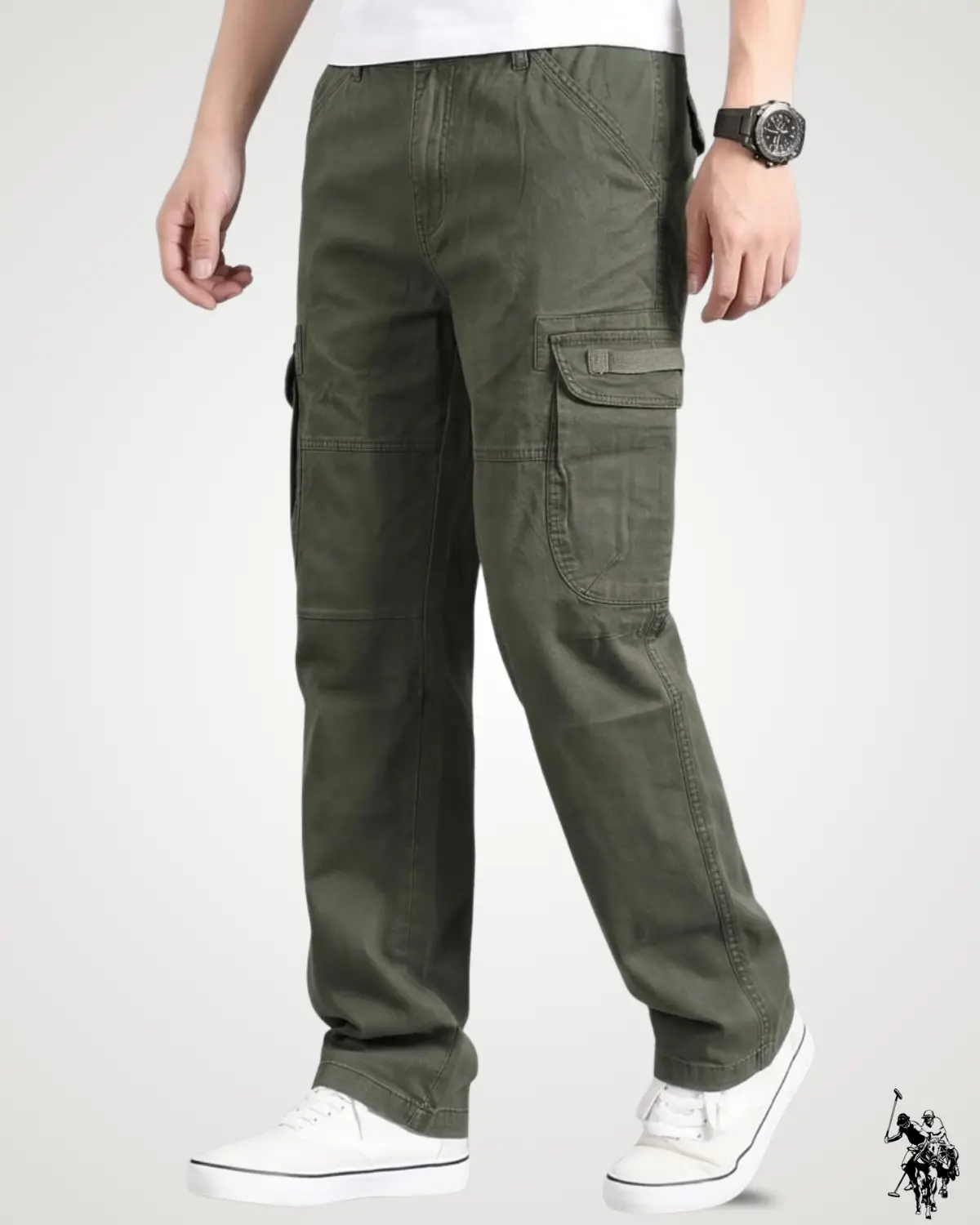 Model wearing olive green streetwear six pocket cargo pants, showing spacious side flap pockets, reinforced knee panels, and a relaxed straight-leg silhouette.