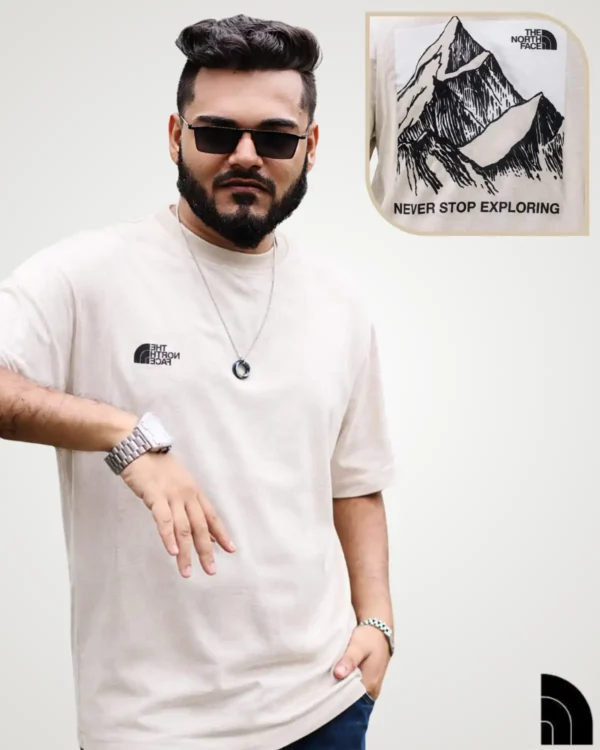 t shirt design latest Off-white tee with black sketch mountain back print and slogan – from Signature Lifestyle BD