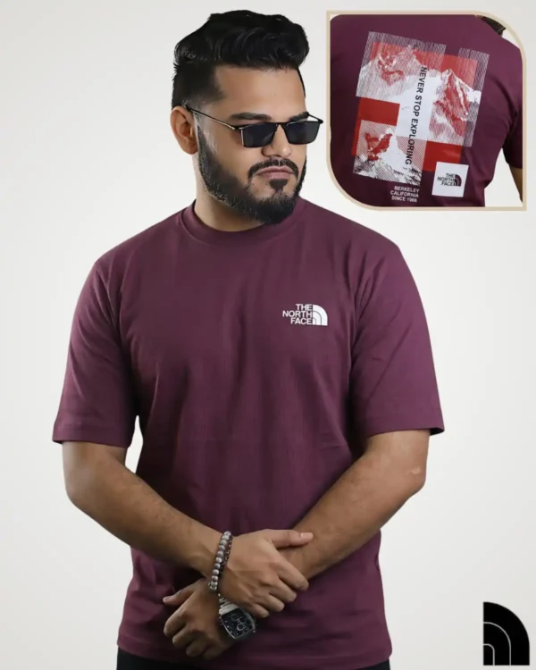 Maroon vintage t-shirt for men with white chest logo and red mountain line-art back print – Signature Lifestyle Bangladesh